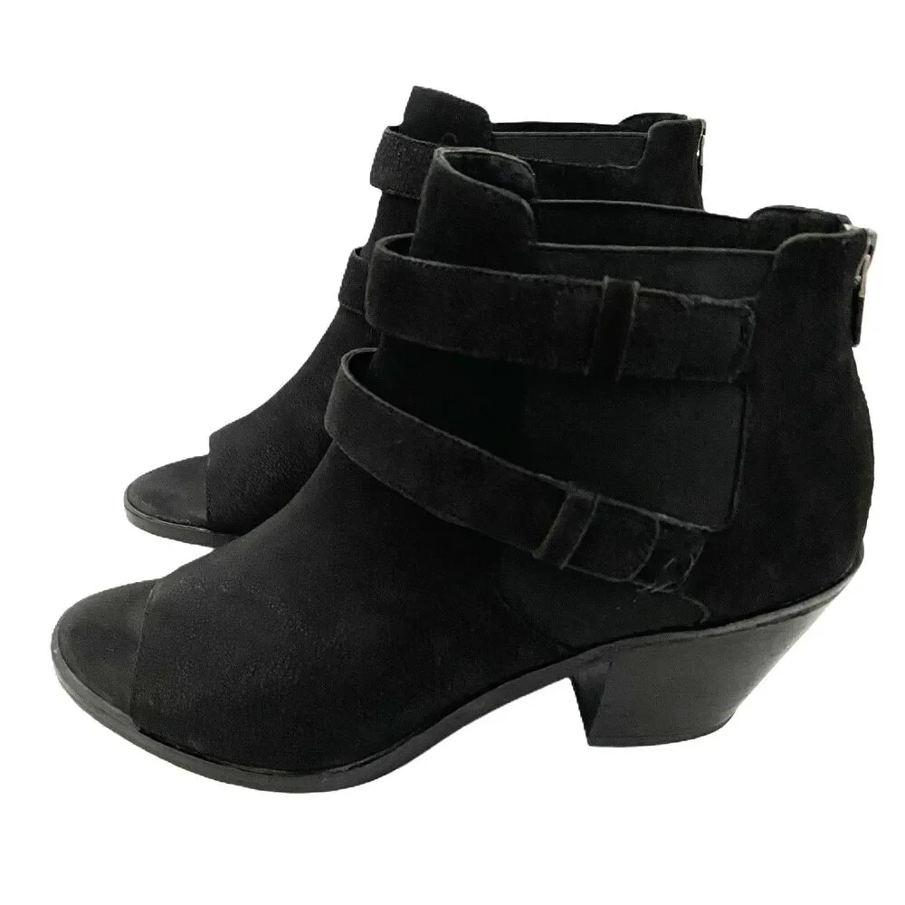 Eileen Fisher Dusk Tumbled Nubuck Black Peep Toe Booties Leather Sandals Zip 10